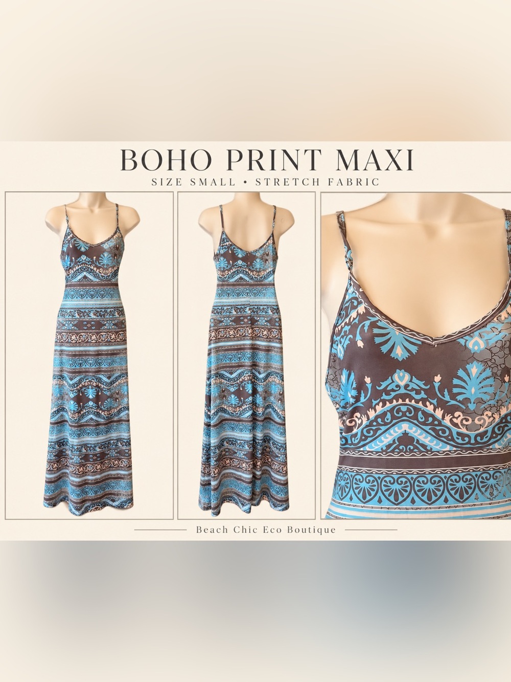 Blue Brown Boho Floral Border Print Maxi Dress Small Spaghetti Strap Stretch